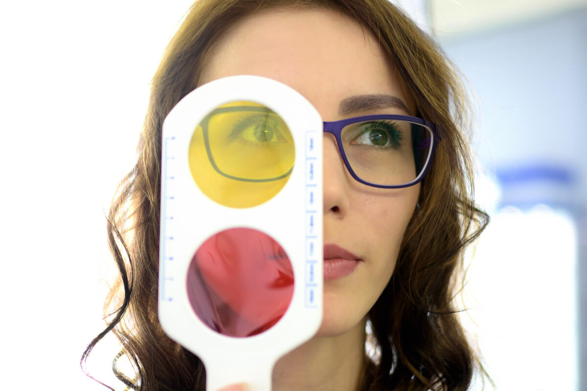 femeie, ochelari, par, ochi